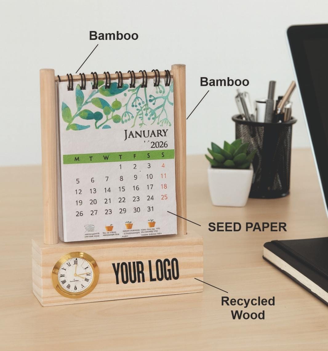 Eco-Friendly Bamboo & Seed Paper Desk Calendar with Clock